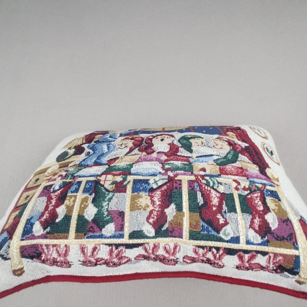 Vintage Tapestry Christmas Decor Pillow Kids in Bed Stockings Santa and Sleigh